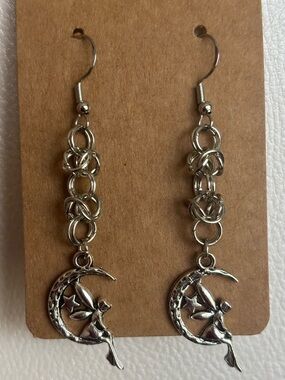 Silver Fairy-on-Moon Dangle Earrings - Silver